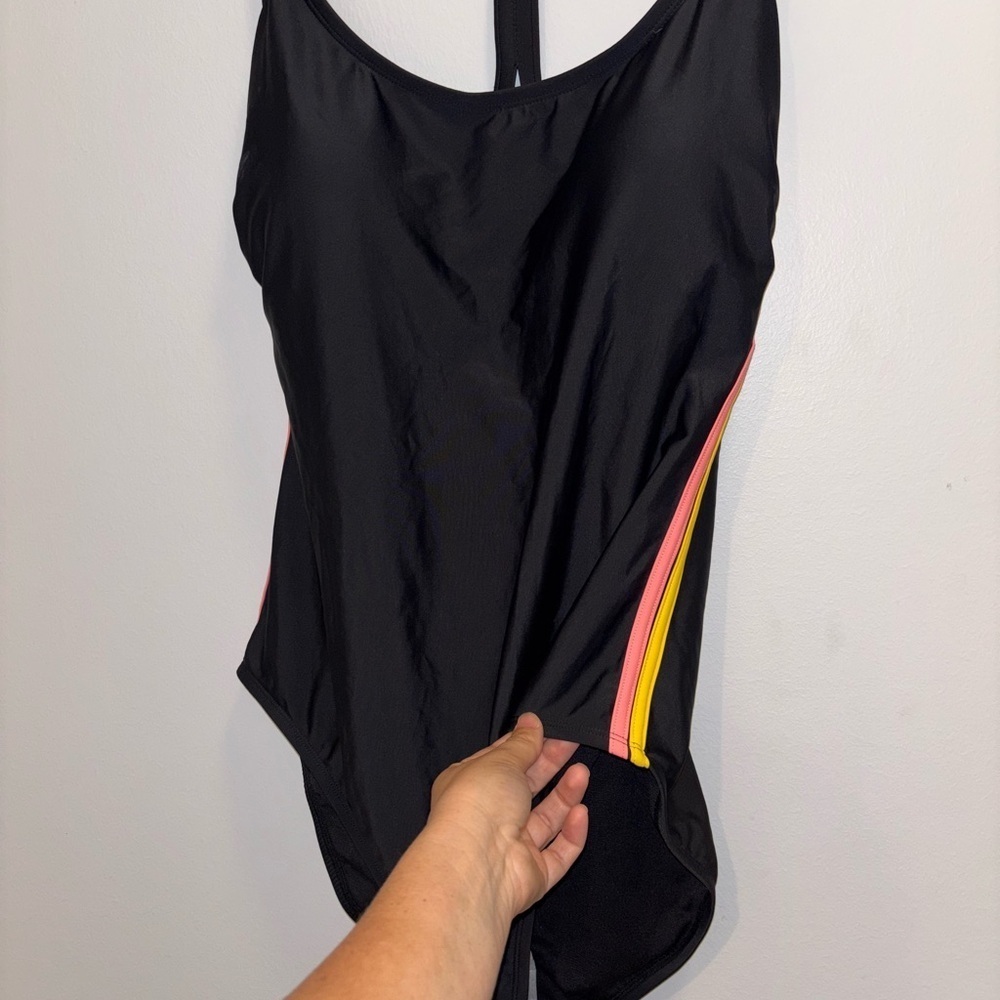 NWT All in Motion Girls Black Swimwear with Pink and Yellow Stripe